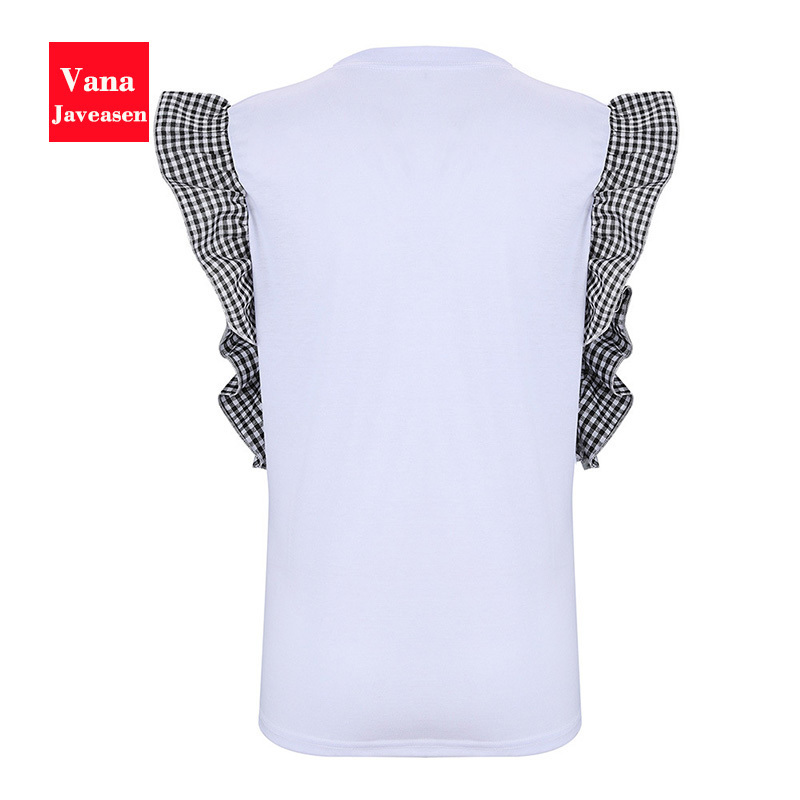 Vana Javeasen Women Ruffle Fashion T-Shirt Eyelashes Red Lips Print Tees O-Neck Butterfly Sleeve Woman's Clothes Simple Tops 220411