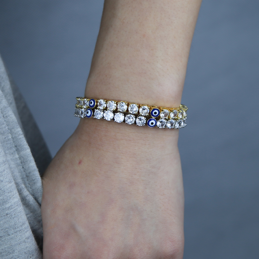 Crystal Tennis Bracelets: Iced Out Turkish Blue Evil Eye Charm for Women
