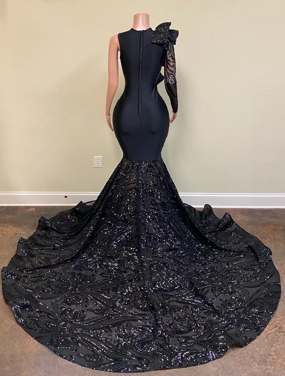 2022 Sexy Elegant Evening Dresses Wear Mermaid Long Sleeve Black Sequined Lace applique Jewel Neck Ruffles African Girl Prom Party gowns Sequins One S