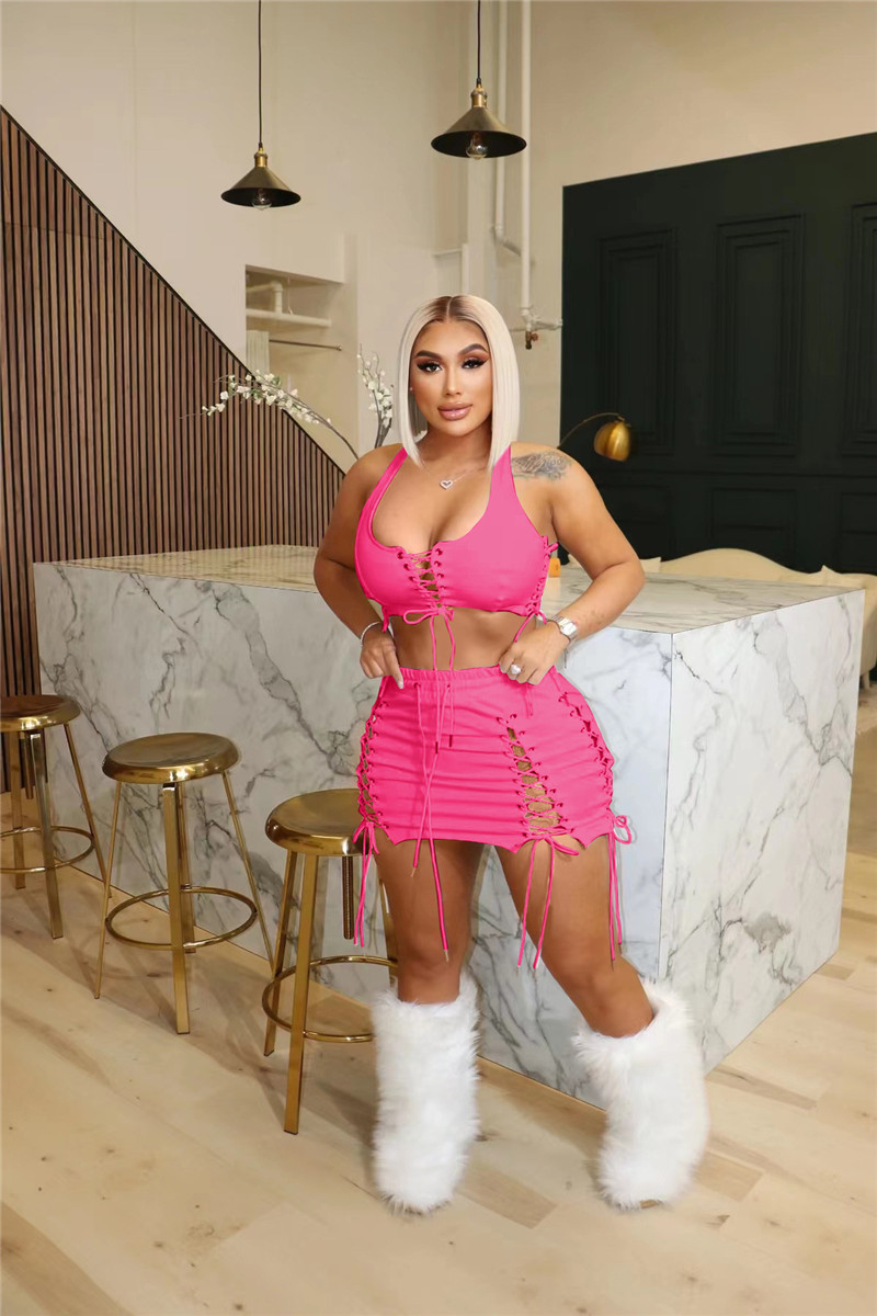 New Wholesale Sexy Women Dress Sets Summer Skirt Suits Sexy V neck Bandage Crop Top+hollow Out Mini Skirt Matching Set Night Club Wear Bulk 7339