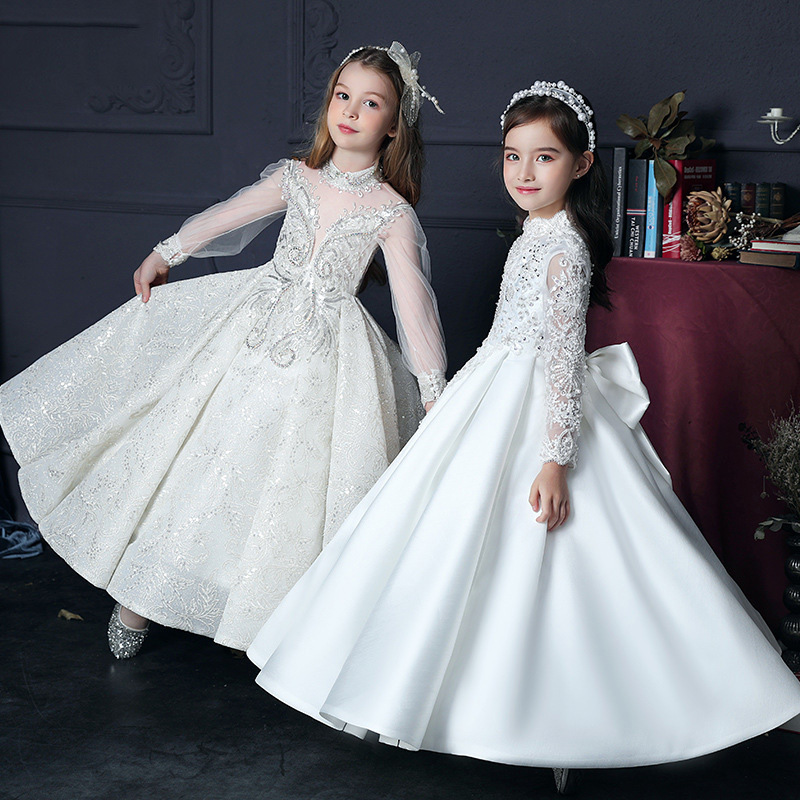 Adorable White Ball Gown Flower Girl Dresses Princess Sheer Lace Long Sleeves Appliques Jewel Neck Toddler Birthday Party Gowns 403
