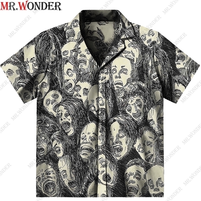 Mr.Wonder Novelty 3D Men's Horror Anime Manga Shirt Cool s Casual Button Down Beach Short Sleeve Hawaiian Tops 220322
