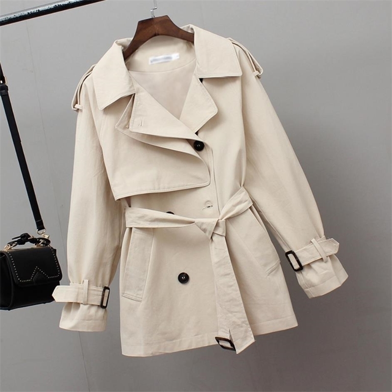 Women Short Trench Spring Windbreaker Coats Casual Loose Safari Clothes Fashion Stand Collar Drawstring Female Trench Coat 201030