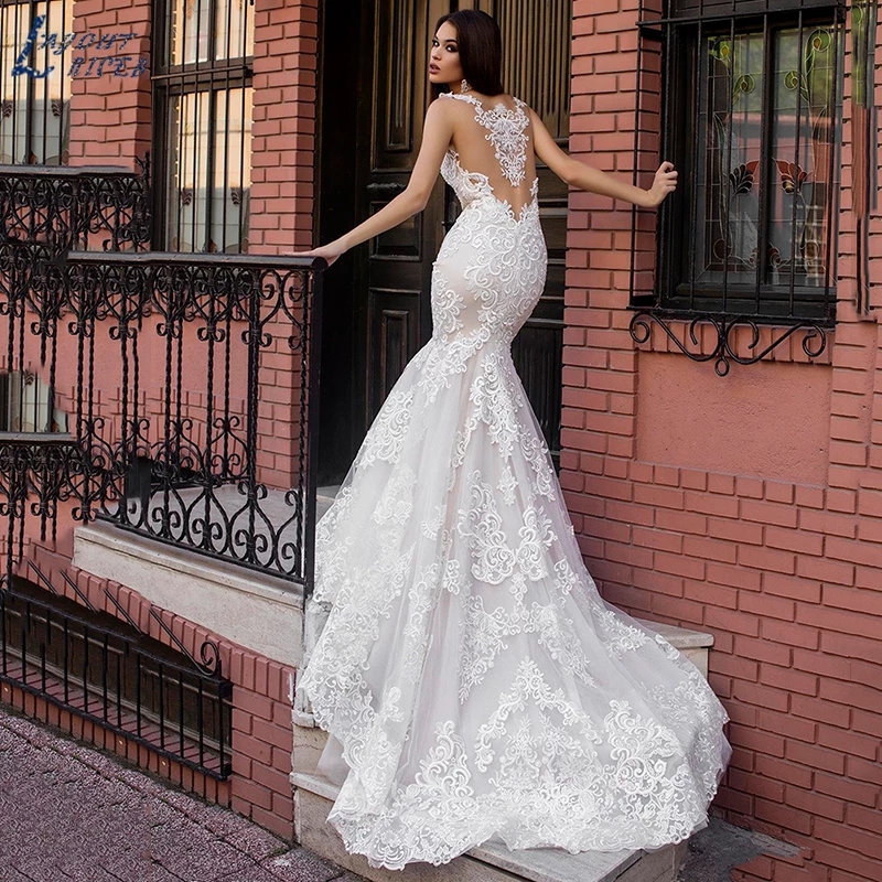 Appliques Sexy Lace Mermaid Dresses Illusion Back Bridal Gowns For Women Vestido De Novia Bride Custom Made Wedding Gown