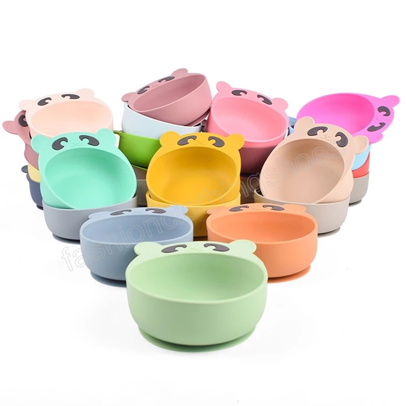 Children's Silicone Bowl Spoon And Fork Set Baby Cartoon Bear Suction Cups Anti-drop Complementary Food Bowl Kids Plate Dishes