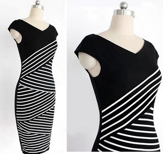 Women Summer Dresses New Black And White Stripe Dress Cultivate Pencil Vintage Plus Size Dresses Vestidos
