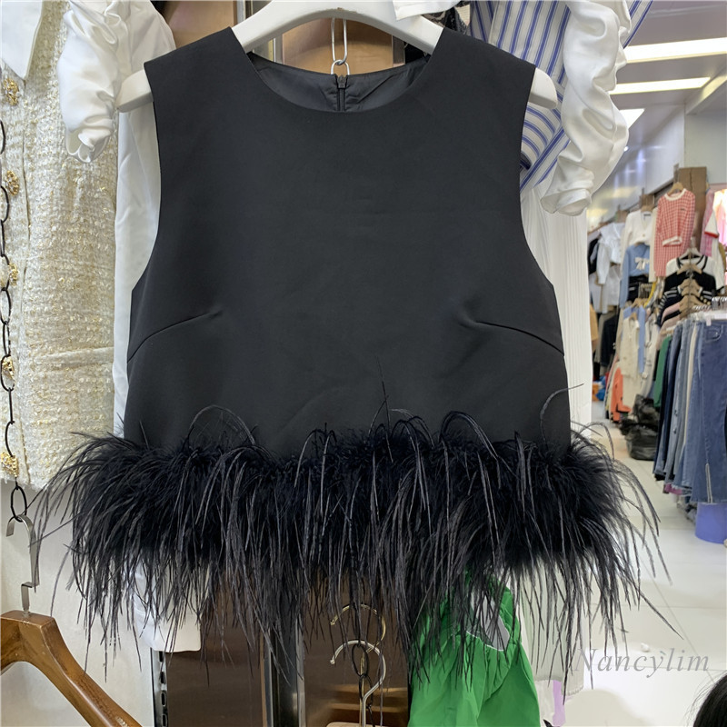 Temperament Feather Stitching Sleeveless Camisole Tank Women Autumn and Winter Sexy Crop Top Slim Fit White Black 220325