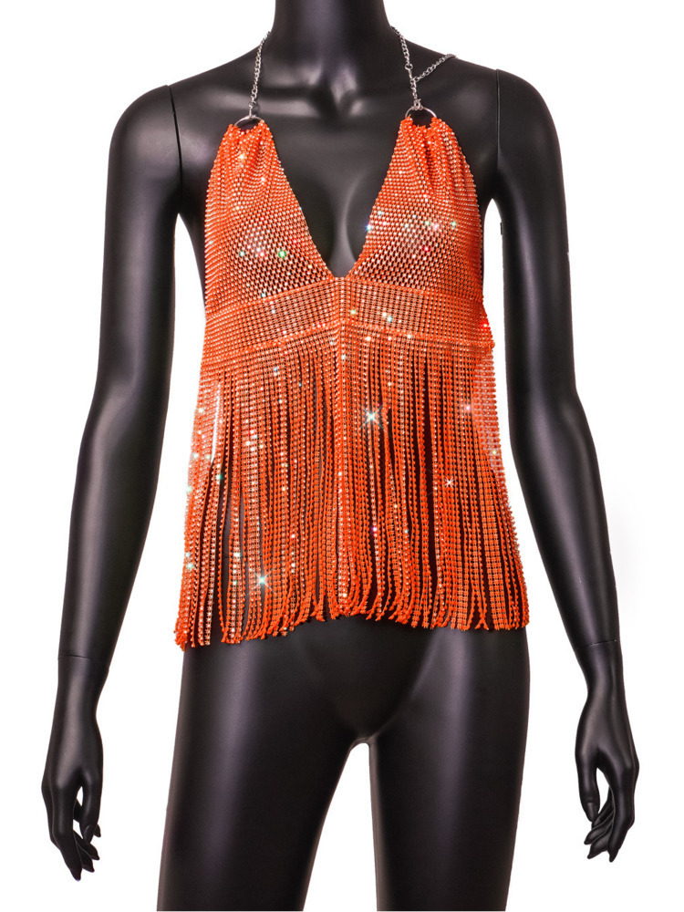 SRUBY Sexy Tassel Crop Top Halter Corset Women Summer Party Tank Clubwear Backless See Through 220316