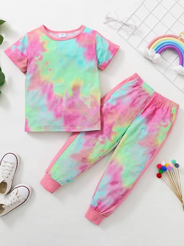 Toddler Girls Tie Dye Tee & Contrast Side Seam Sweatpants SHE