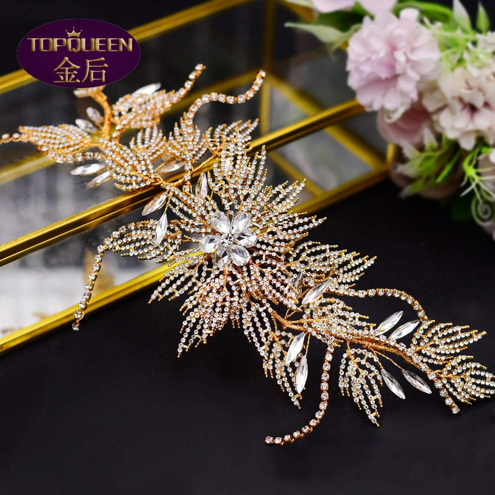 Gold Hollow Alloy Leaf Diamond Bridal Tiara Baroque Beautiful Headpieces Bride Ladies Jewelry Crowns Bride Wedding Crown Accessories European Retro Pa