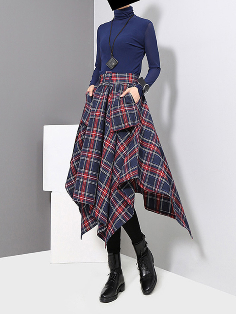 EAM Spring High Waist Red Plaid Split Joitn Loose Big Hem Halfbody Skirt Women Fashion Allmatch JD402 220701