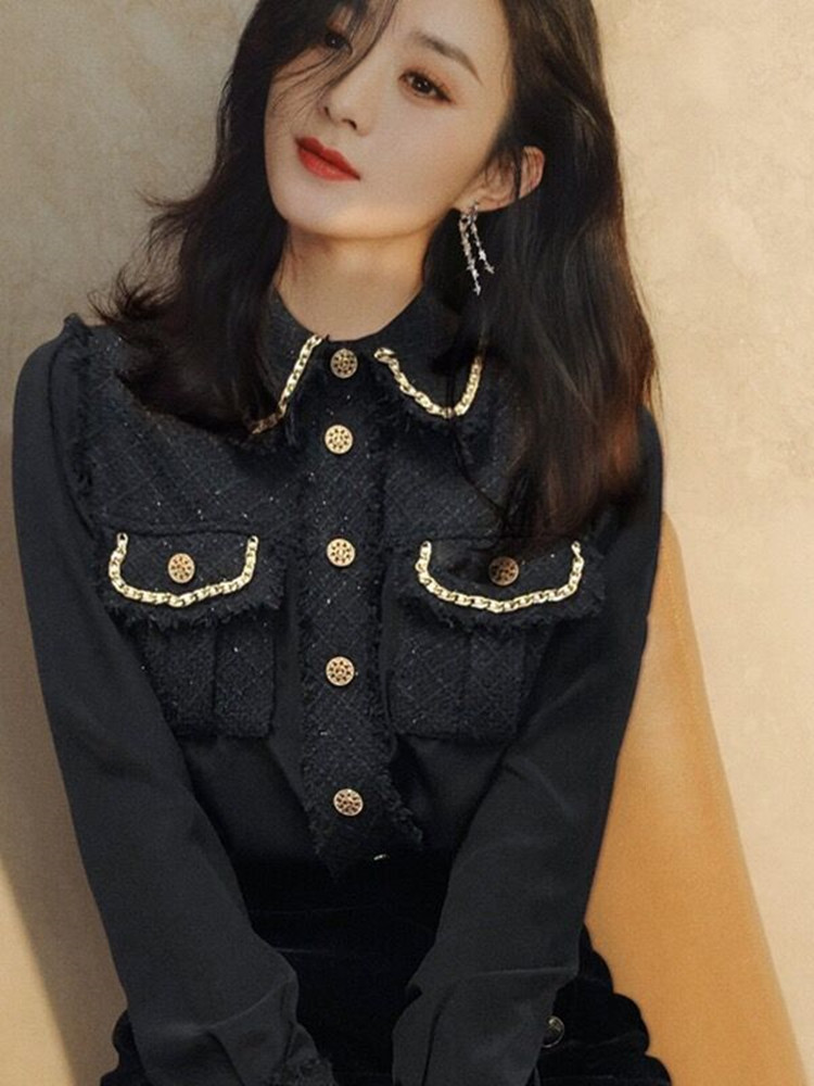 Tweed Patchwork Chiffon Shirt Blouse Women Vintage Long Sleeve Gold Chain Pearls Weave Tassels Pocket Tops 220407