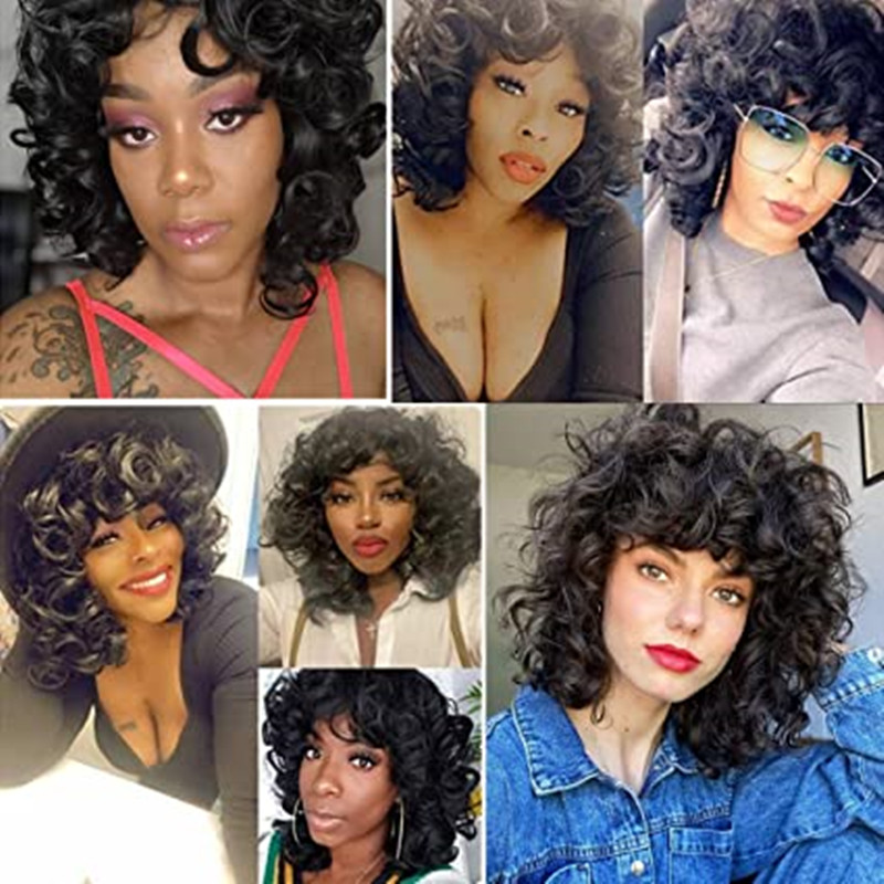 African American real human Short Curly Wigs Soft Black Big Curly Wig with Bangs Afro Kinky Curls boucy curl Natural Looking machine made cap 150%dens