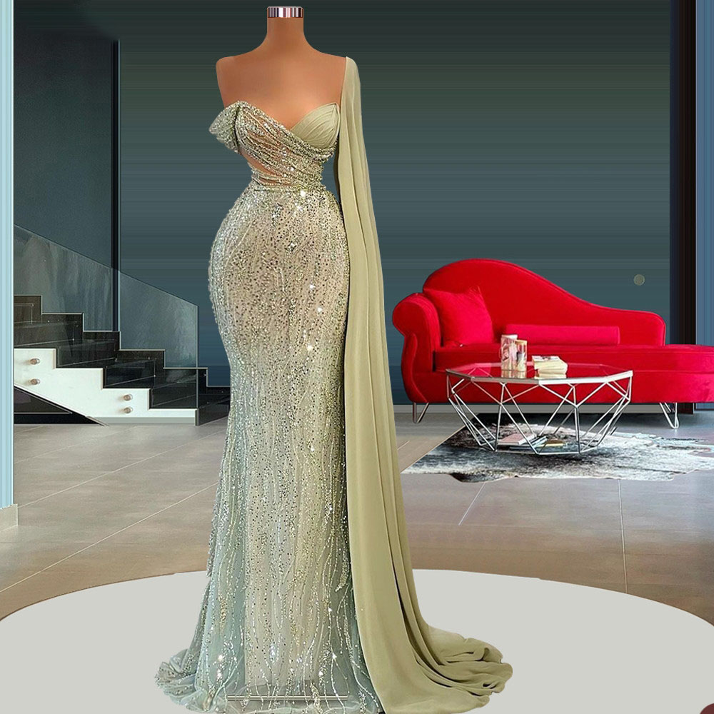 Green Mermaid Prom Dresses Sexy V Neck One Shoulder Sleeveless Satin Appliques Sequins Plus Size Elegant Prom Gowns Floor Length Custom Made Evening G