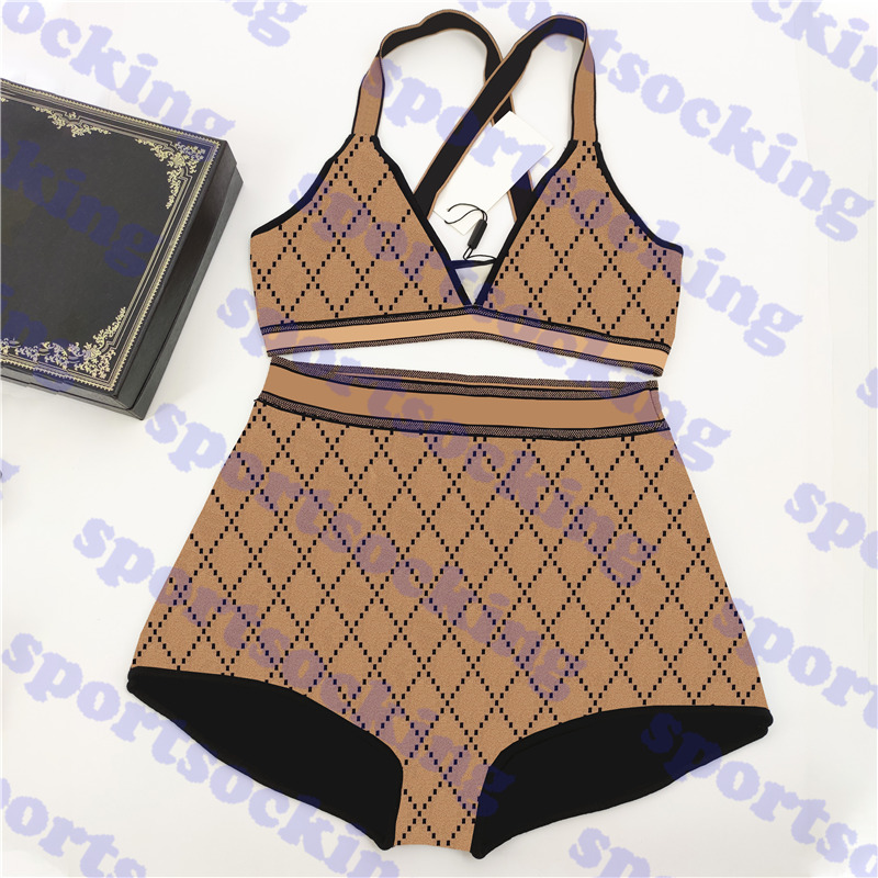 Brown Knit Swimwear Women Underwear Letter Jacquard Womens Bikini Bra High Waist Ladies Swimsuit Lingerie