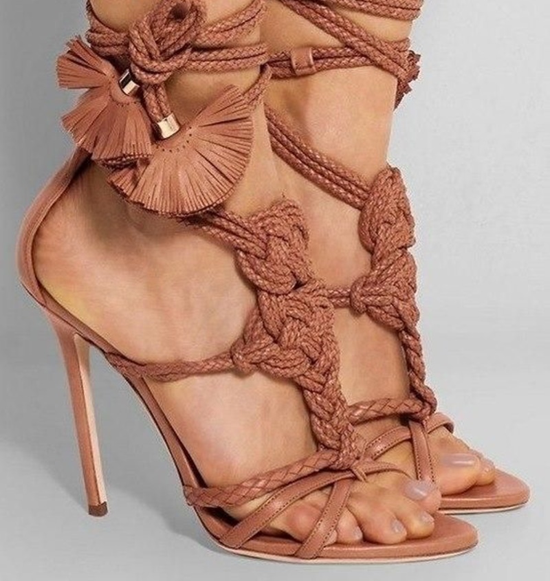 Sexy Rope Knot High Heel Sandals Braided Straps Cut Outs Summer Shoes Lace-up Stiletto Heels Gladiator Pink Brown Green 220328