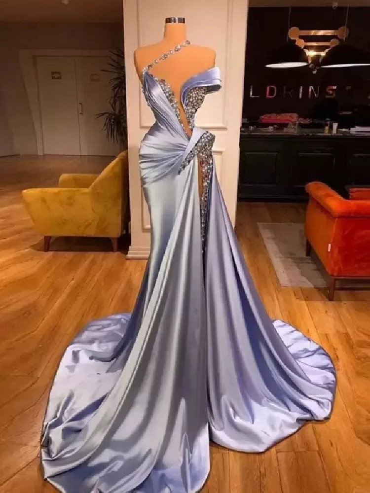 Light Blue A-line Prom Dresses Sexy V Neck Sleeveless One Shoulder Sequins Ruffles Plus Size Luxury Satin Side Slit Prom Gowns Floor Length Custom Mad