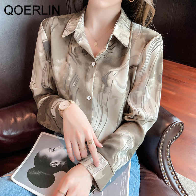 QOELRIN Vintage Ink Print Button Blouses Women Single Breasted Casual Chiffon Top Spring Korean Fashion Elegant Shirts 210412