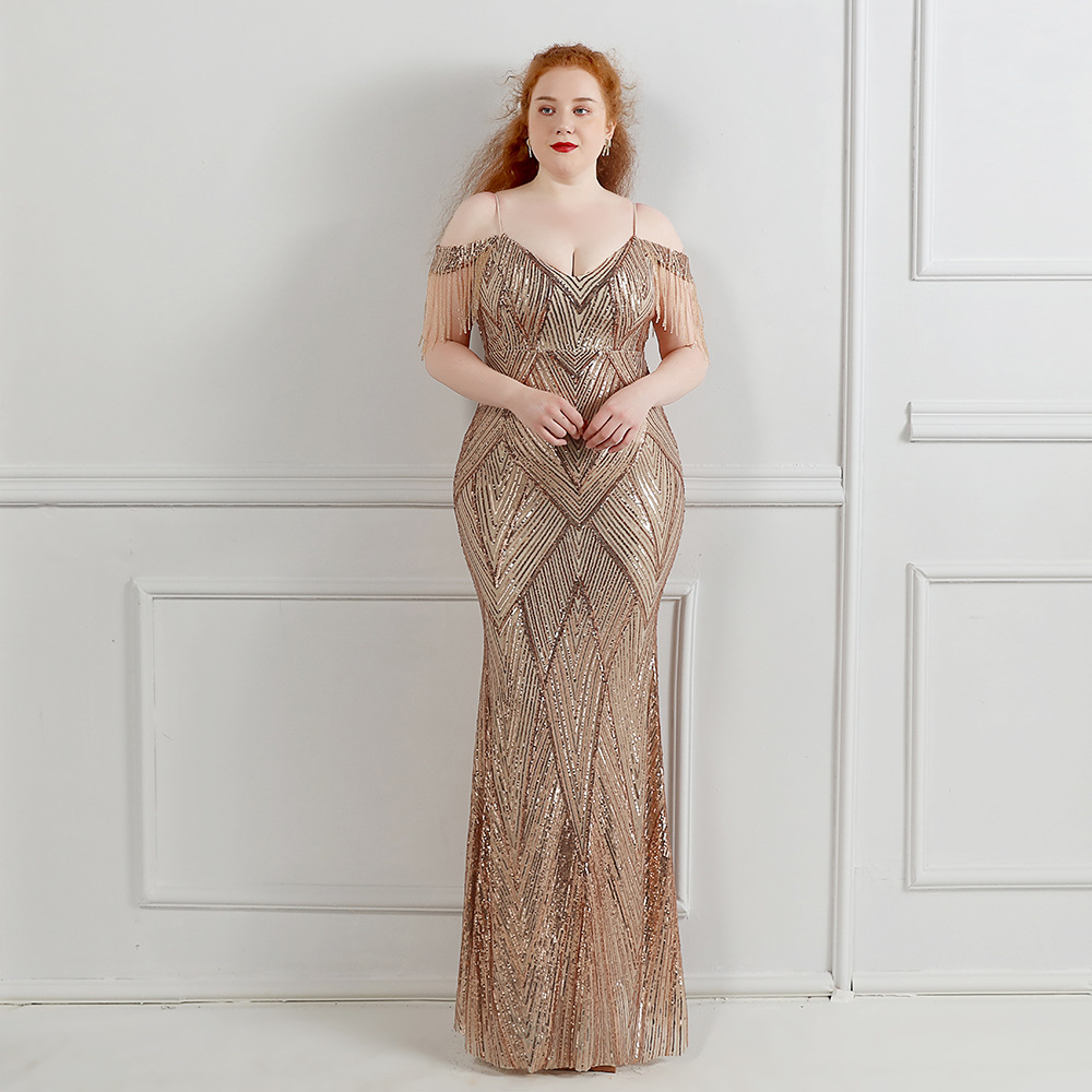 Plus Size Sequin Mermaid Evening Dress With Tassel Elegant Black White Burgundy Long Prom Dresses 2022 Spaghetti Straps Formal Robes Soiree Abendkleid