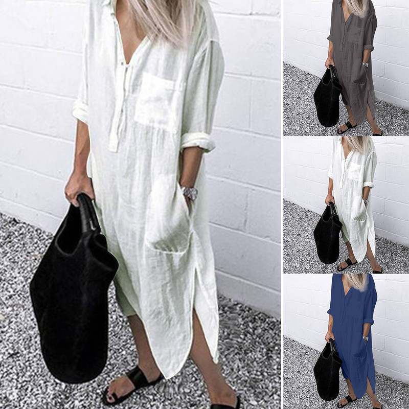 Long Summer Dress Women Linen Sundress V Neck Solid Color Slit Pocket Button Shirt Loose Holiday Beach Party 220622