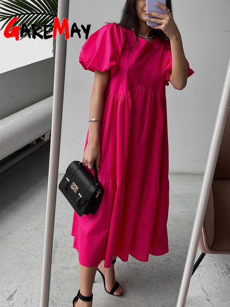 Casual Women Summer Maxi Dress 100% Cotton O Neck A-line Oversize Short Sleeve Midi Dress Puff Sleeve White Green Long Dress 220510