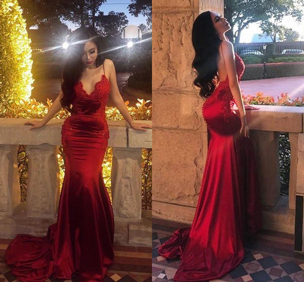 Sexy Backless Dark Red Evening Dresses 2022 Spaghetti Straps Mermaid Satin Long Party Occasion Gowns With Beads Appliques African Girls Prom Dress, Purple 
Sexy Backless Dark Red Evening Dresses 2022 Spaghetti Straps Mermaid Satin Long Party Occasion Gowns With Beads Appliques African Girls Prom Dress, Purple