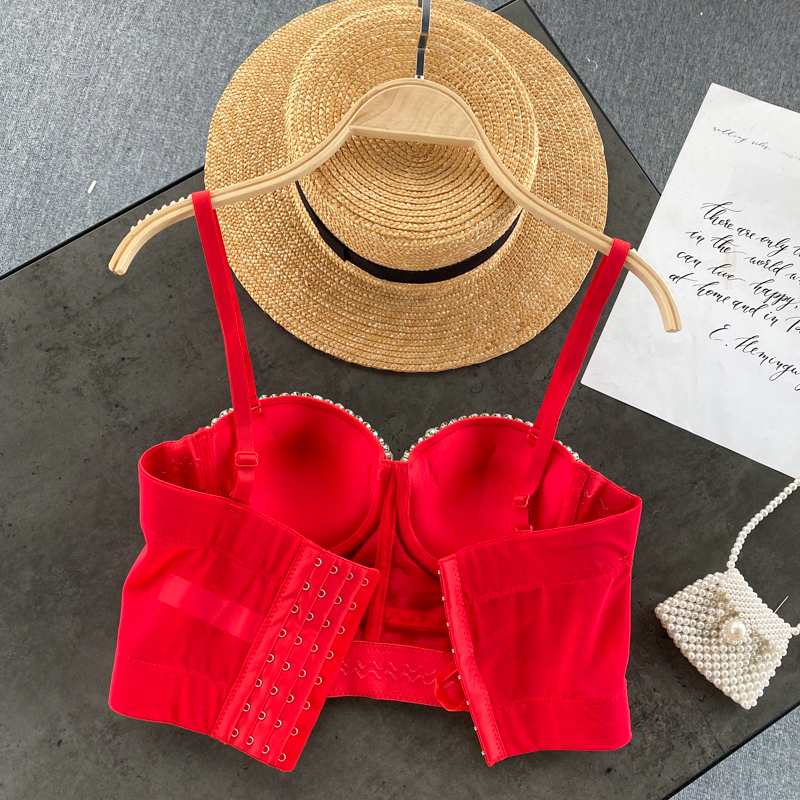 Women Fashion Wear Clothes Sexy Sleeveless Pearls BustierPush Up Night Club Bralette Bra Cropped Top Vest Corset 220325