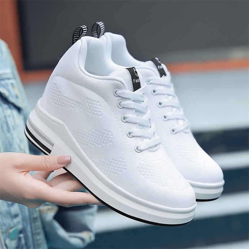 8.5 cm Height Increasing Women Platform Sneakers White Non-Slip Lace Up Loafers Woman Ladies Wedge Shoes Chaussure Femme 220520, Black