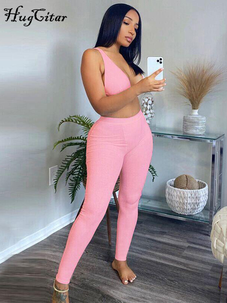 Hugcitar Sleeveless VNeck Crop Tops Leggings 2 Pieces Set Winter Women Fashion Streetwear Outfits Sportswear Tracksuit 220602