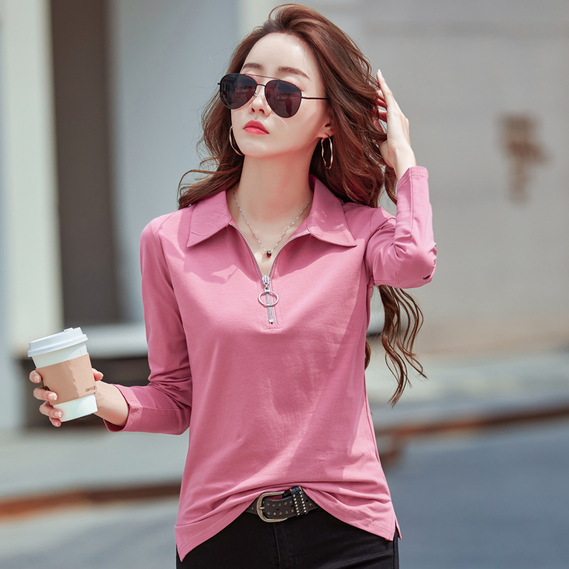 LJSXLS Long Sleeve T Shirt Women Cotton Korean Style Slim Woman Clothes Fall Zipper Tops T- Womens Tee Femme 220328