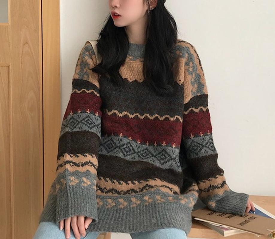 Retro Pullover Diamond Round Neck Sweater Loose Style Striped Jacquard Lady Korean Knit Casual Tops, Brown
Retro Pullover Diamond Round Neck Sweater Loose Style Striped Jacquard Lady Korean Knit Casual Tops, Brown