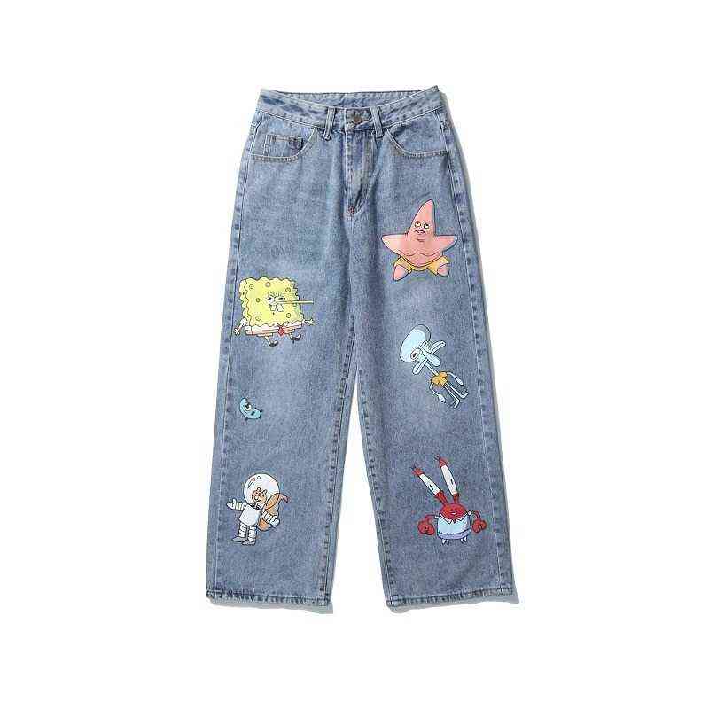 Men and Women Straight Loose Autumn Korean Style Cartoon Printed Jeans Pants Street Hip-hop Handsome Nine-point Pants Fashion G0104