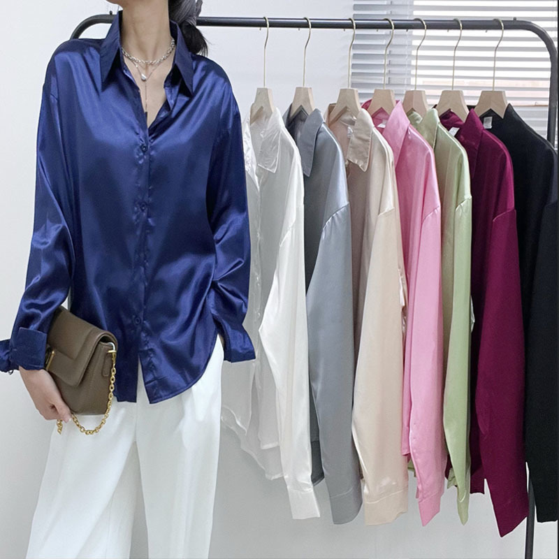 Autumn Fashion Button Up Satin Silk Shirt Vintage Blouse Casual Loose Down Shirts Tops Lady Long Sleeve Female Blusas 220809