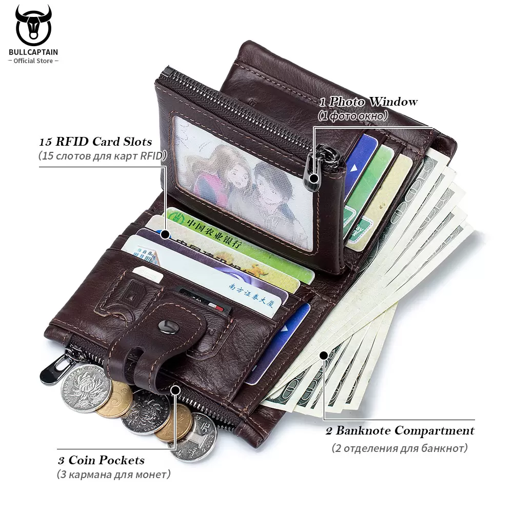 Genuine Cowhide Leather Mens Wallet RFID Anti-theft Chain Coin Fold Purse Hasp Zipper Photo ID Card Holder Male Portefeuille, Brown
Genuine Cowhide Leather Mens Wallet RFID Anti-theft Chain Coin Fold Purse Hasp Zipper Photo ID Card Holder Male Portefeuille, Brown