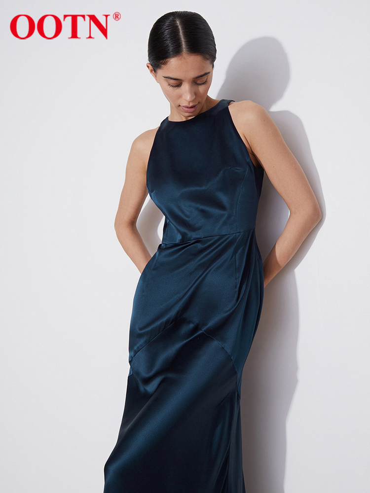 OOTN Elegant Satin Tank Dress Summer Hollow Out Spliced Trumpet Dress Party O-Neck Navy Blue Night Midi Dresses For Women 220511