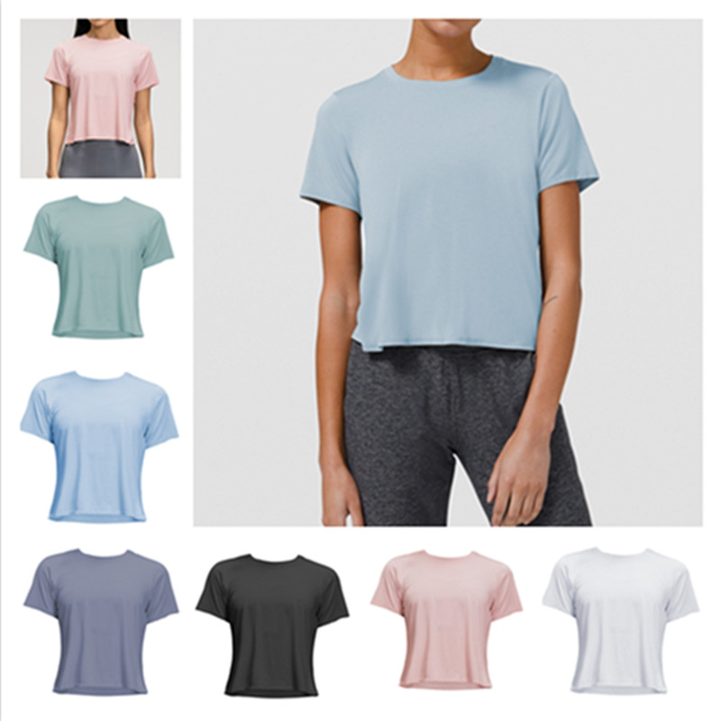 Yoga round neck short sleeved solid color nude sports shaping waist tight fitness loose jogging sportswear womens high-quality T-shirt