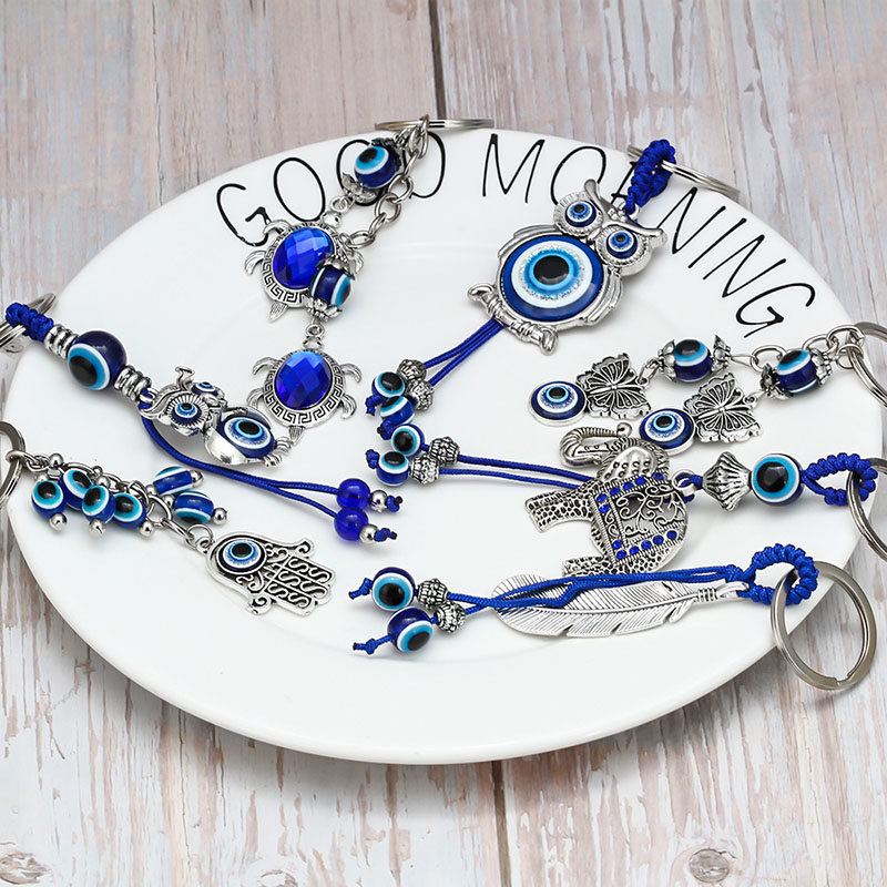 Handmade Woved Animal Key Rings Feather Butterfly Evil Eyes Keychain Owl Elephant Key Chain Glass Turkish Blue Eye Pendant Hamsa Keychain