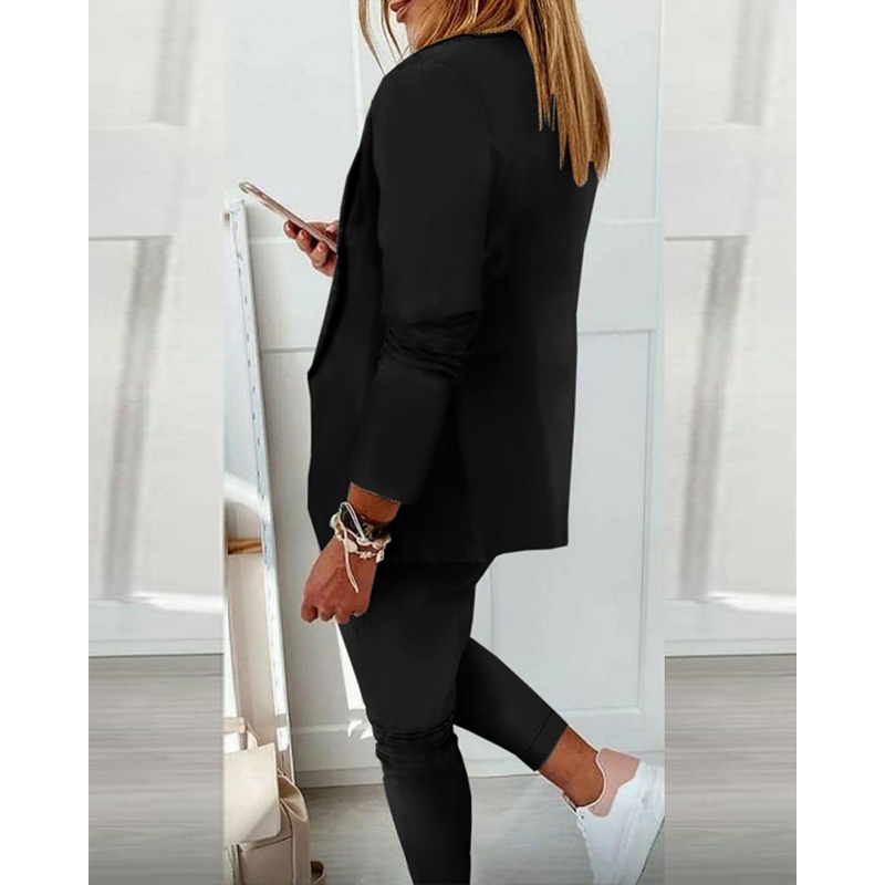 Office Lady Black Solid Lapel Neck Blazer Coat Jacket & Drawstring Ankle Length Pants 2 Piece Set Women Autumn Winter Clothes 220315