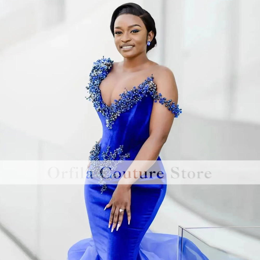 Royal Blue Prom Dress Women For Party Beading Satin Aso Ebi African Evening Gowns 2022 vestidos de noche
