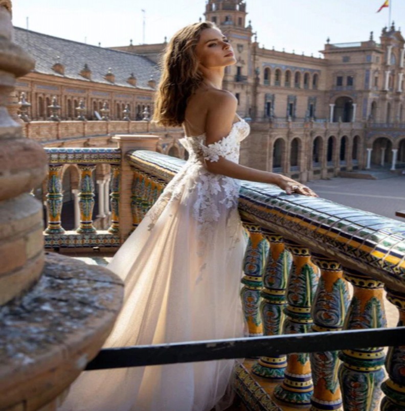 Boho Bridal Gown Tulle A Line Wedding Dresses 2022 Off the Shoulder Lace Appliques Beach Sexy High Split For Bride Vestidos De Noiva