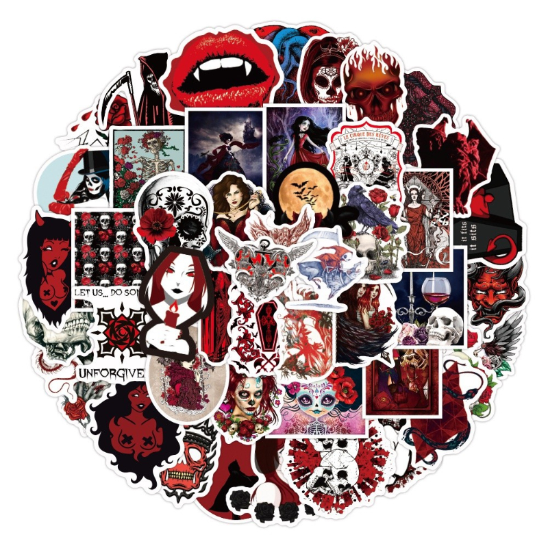 50Pcs/Lot Western Style Classical Cool Dark Red Gothic Punk Stickers Graffiti Sticker Notebook Skateboard Car Kids Gift Toy Collection Waterproof Deca