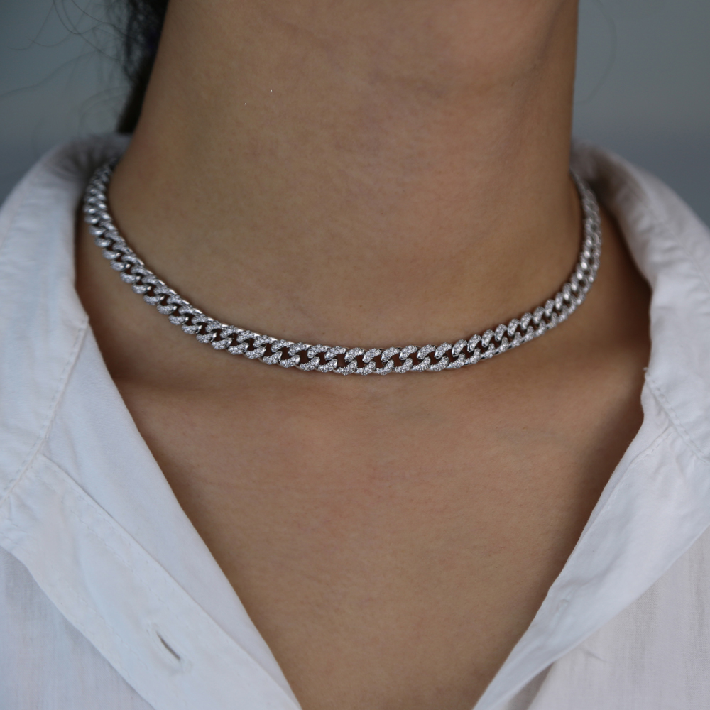 Iced out bling 7mm crystal Miami cuban link chain choker necklace for lady micro pave cz miami chokers women jewelry