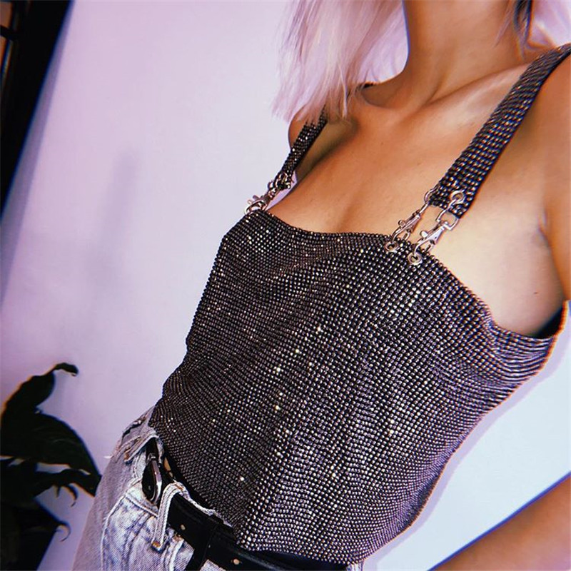 Women Fashion Backless Tank Top Sparkly Sexy Streetwear Adjustable Metal Chain Crystal Sequin Club Party Crop 220316