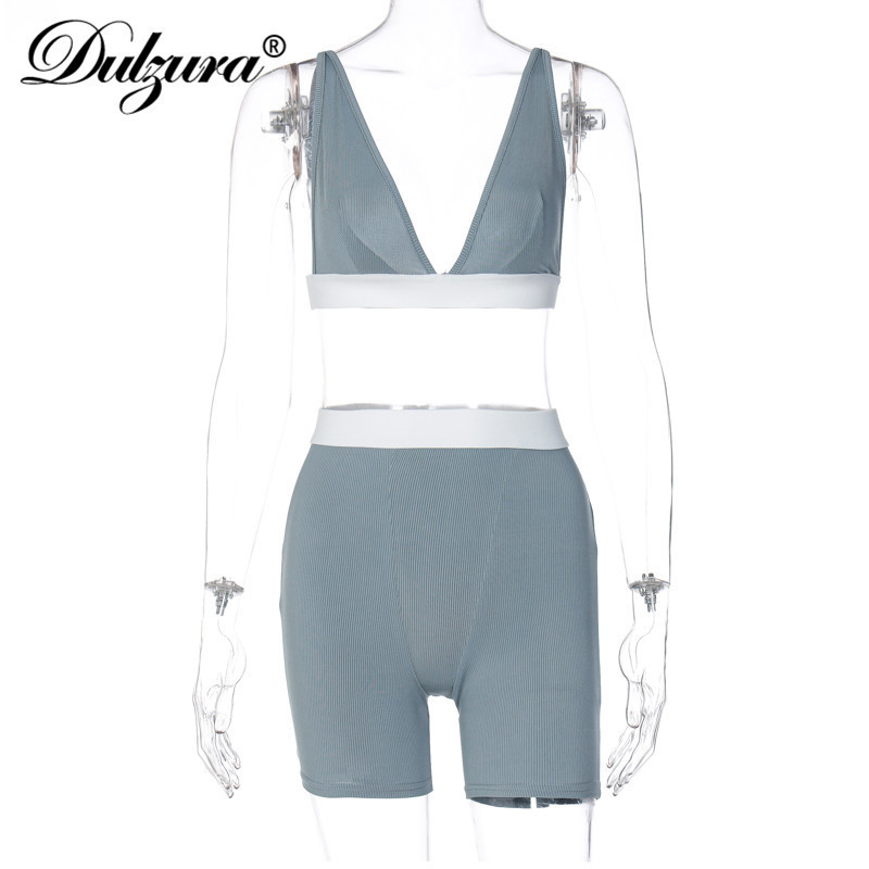 Dulzura Ribbed Patchwork Women Two Piece Set Bra Crop Top Biker Shorts Suits Bodycon Sexy Streetwear Matching Sporty Tracksuit 220602