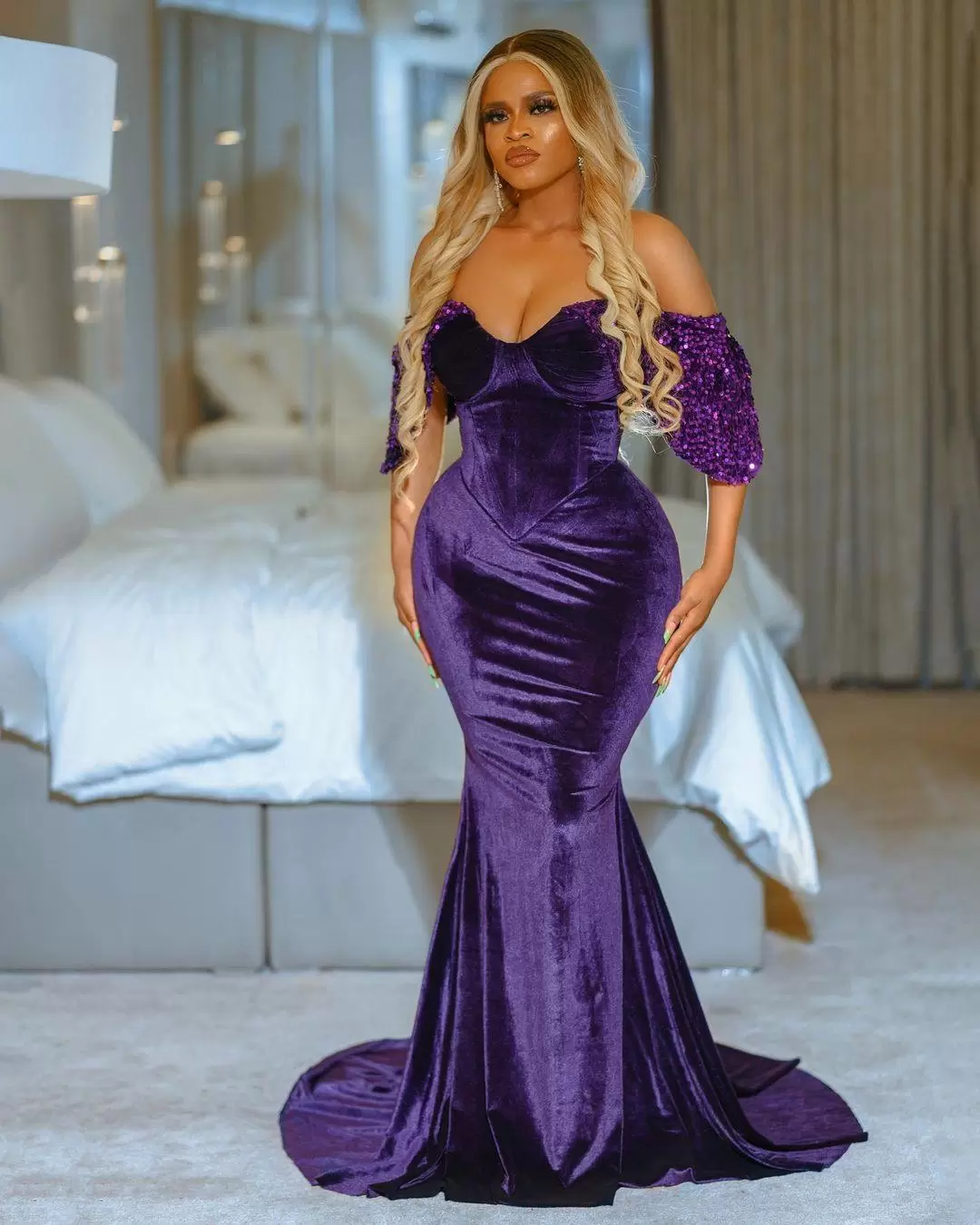 Prom Mermaid Purple Dresses Short Sleeves Off The Shoulder Ruffles Sweep Train Veet Sequins Evening Party Gowns Plus Size Custom Made Formal Ocn Wear