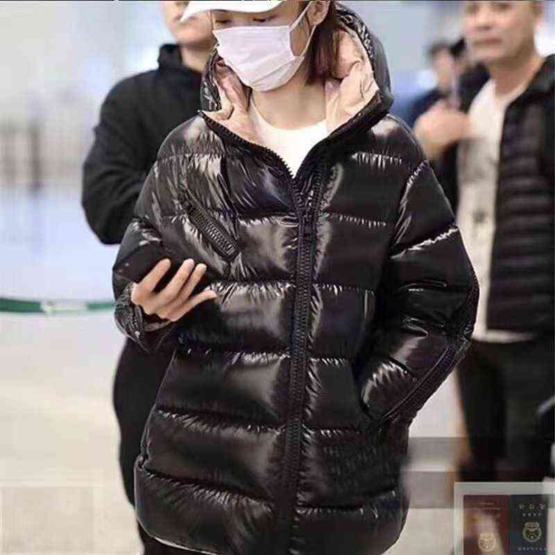 Qingwen New Shiny White Duck Down Jacket Women Lean Zipper Winter Fashion Loose Hooded Down Parka Thick Feather Buffer Jacket L220725