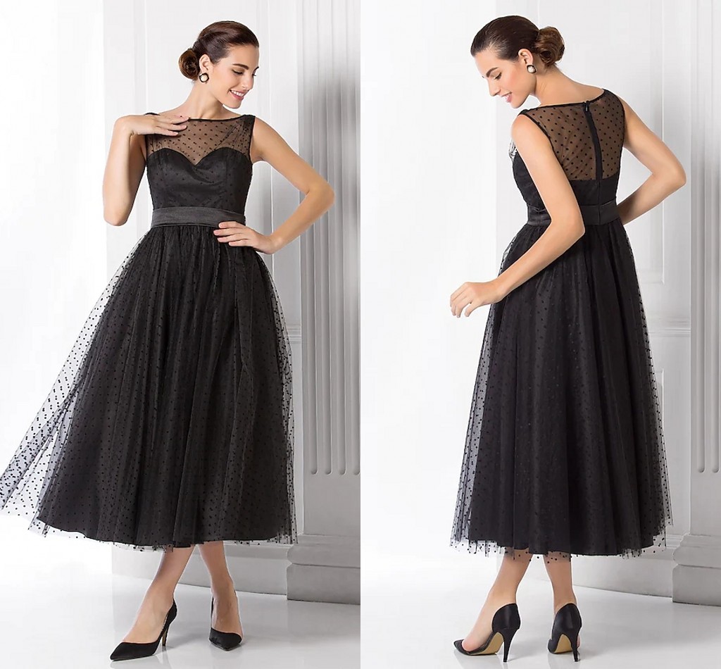 A-Line Vintage Black Evening Dress 2022 Illusion Neck Sleeveless Tea Length Dot Tulle Prom Party Gown Robe De Soiree Vestido De Festa Longo