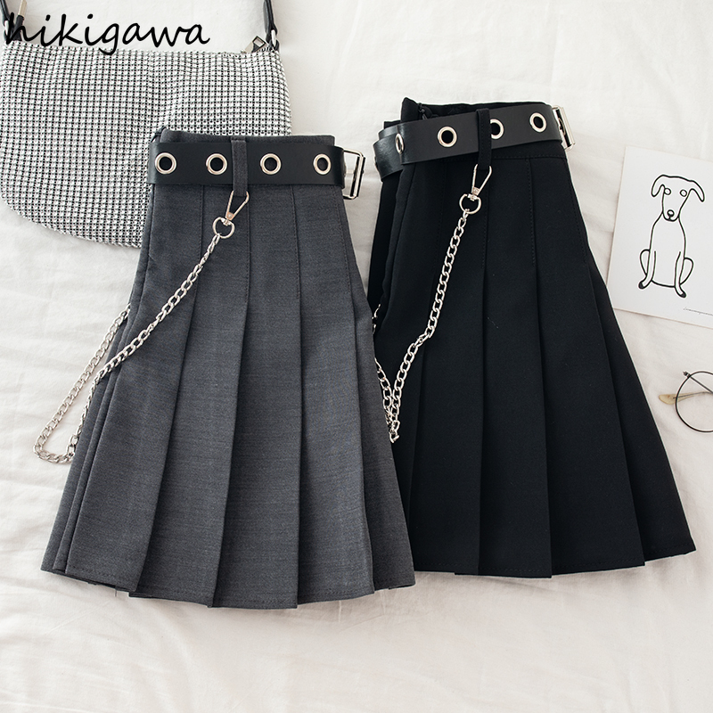 Hikigawa Y2K Skirt for Women Japan Faldas Mujer Moda A Line Mini Skirts Female Chain High Waist Gothic Clothes 220317