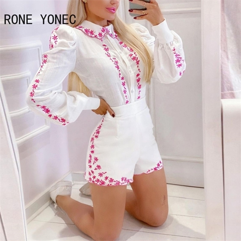Women Casual Lantern Sleeves Disty Floral Embroidered Turn down collar Summer Short Sets 220510, White
Women Casual Lantern Sleeves Disty Floral Embroidered Turn down collar Summer Short Sets 220510, White