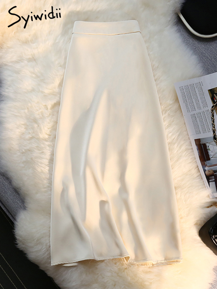 Syiwidii Silk Satin Long Skirts for Women 4 Seasons Elegant Female Midi A Line Skirt Side Zipper Back Elastic Band Fashion Skirt 220701